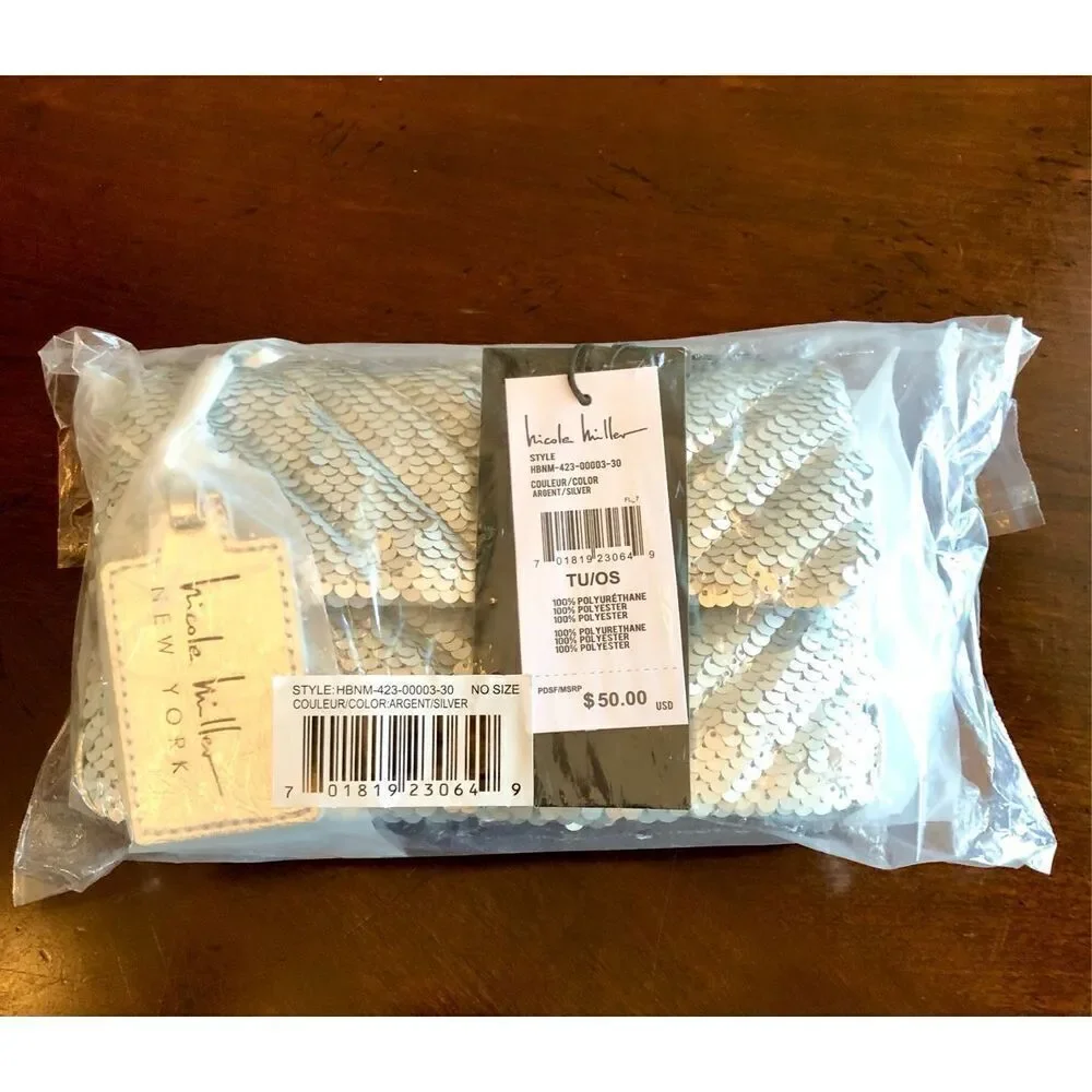 NICOLE MILLER - NWT - Silver Sequined & Vegan Leather Evening Bag. SPARKLY! ♥️